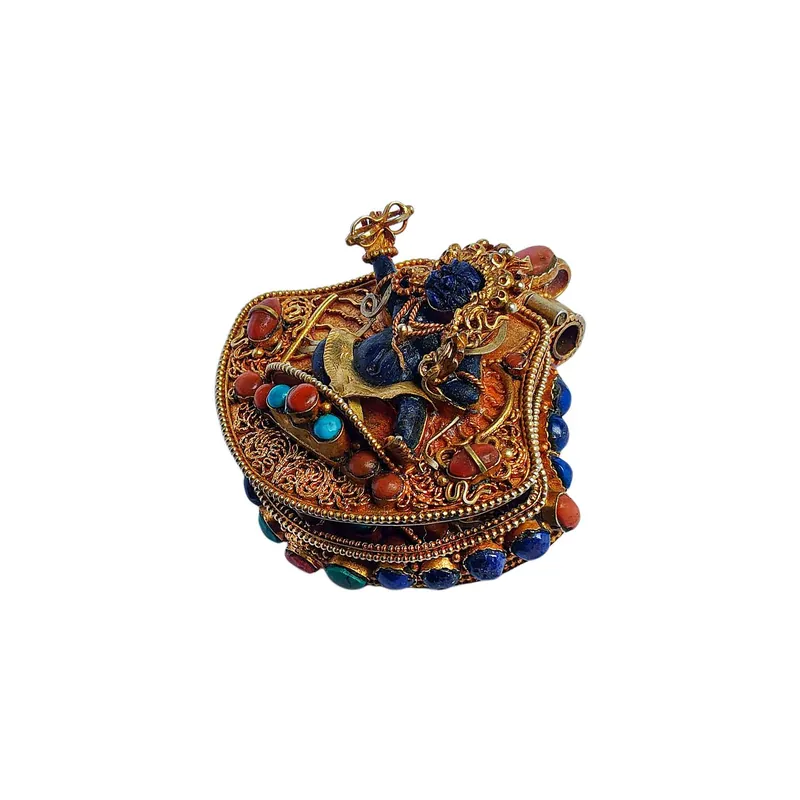 Boîte ghaï en argent tibétaine avec finition de Vajrapani