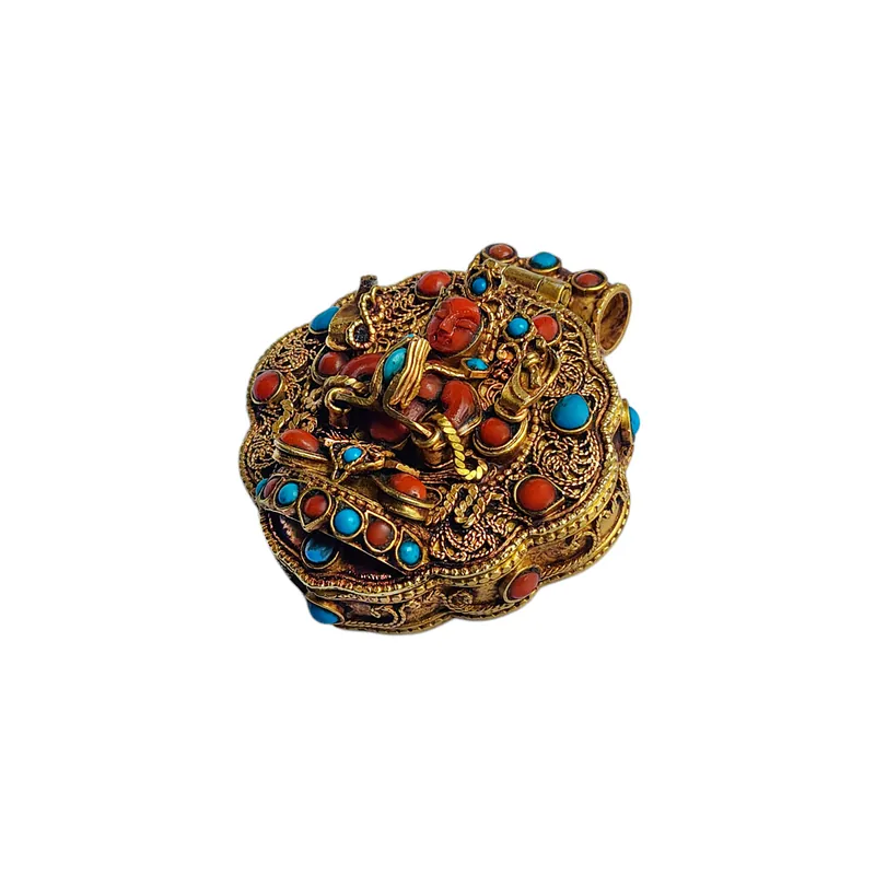 Boîte Ghau tibétaine en argent avec un motif de Chenrezig