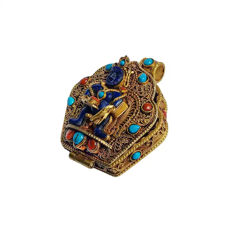 Boîte Ghau tibétaine en argent avec placage en or Kubera