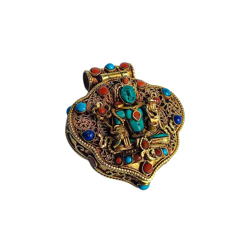 Boîte Ghau tibétaine en argent avec dorure