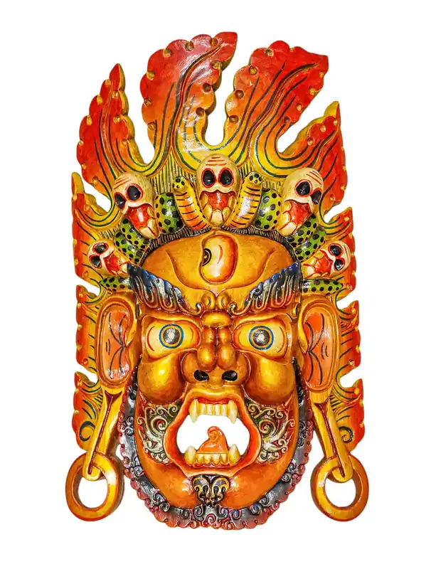 Masque en bois de Bhairav de feu à suspendre au mur