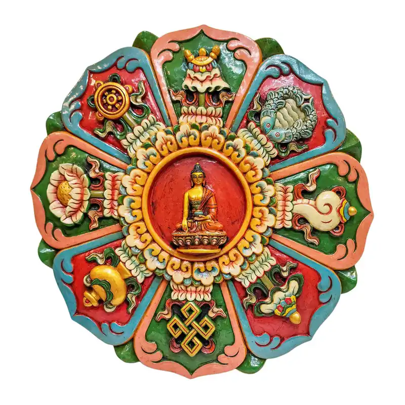 Suspension murale en bois des Ashtamangala et du Bouddha