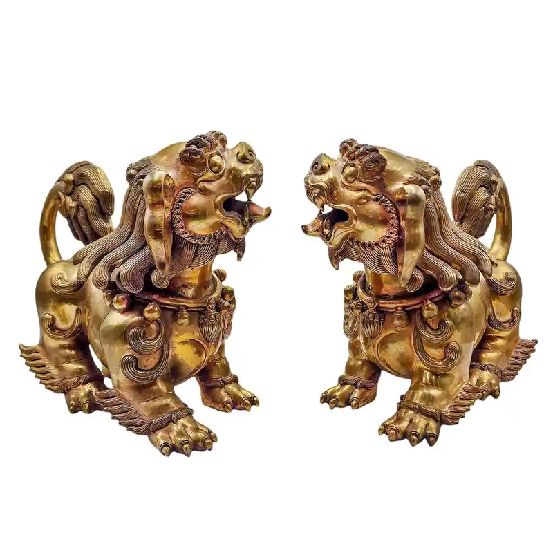 Paire de Lions des Neiges en Cuivre – Gardiens de la Force et de la Protection