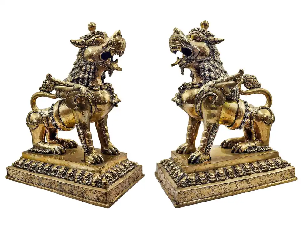 Majestueux duo de lions en laiton – Statues gardiennes de force et de protection