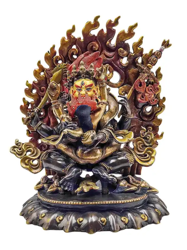 Statue en cuivre de Mahakala Noir – Finition oxydée chocolat, Protecteur féroce du Dharma