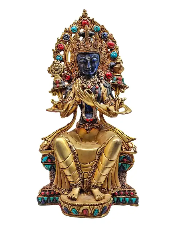 Statue de Maitreya en lapis-lazuli – Cuivre avec plaquage d’or, 29 cm, Émanant d’amour et de compassion