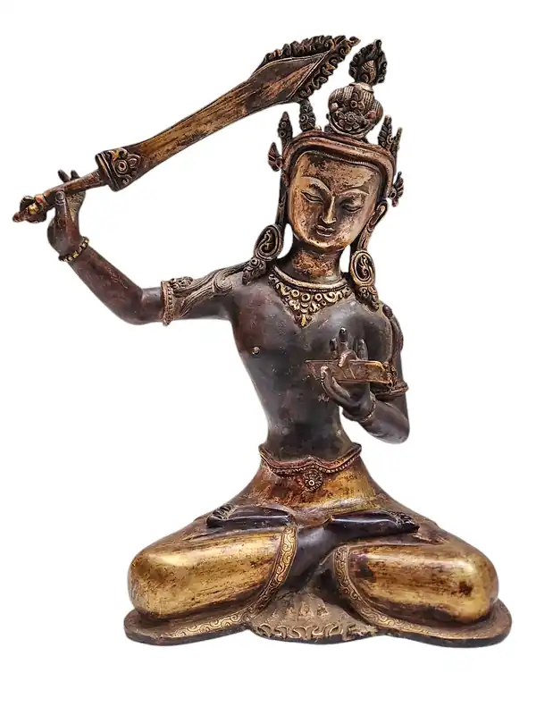 Statue ancienne en ornement doré de Manjushri – Bouddha de la sagesse avec l’épée de la perspicacité