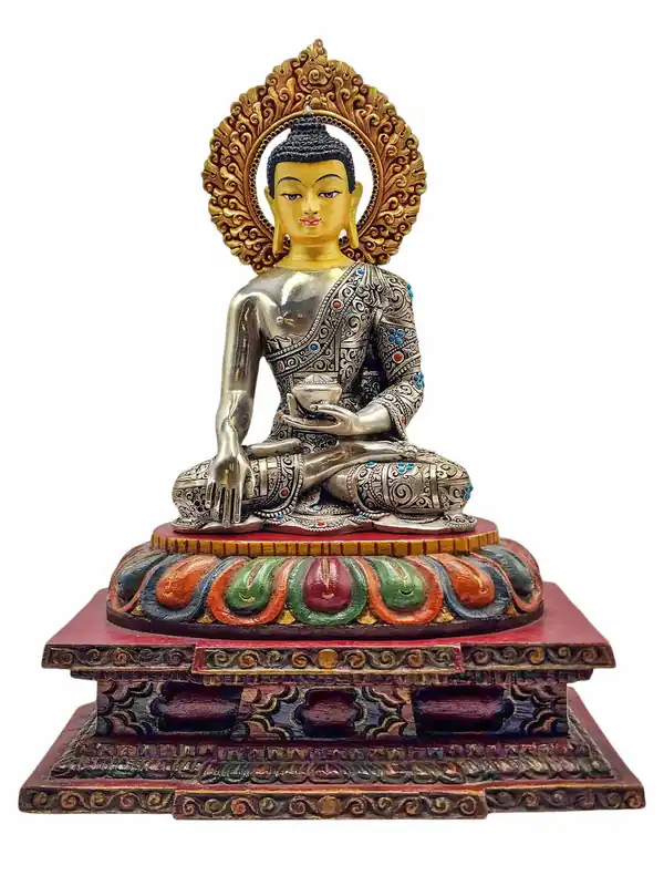 Statue en argent du Bouddha Shakyamuni avec couronne plaquée or en cuivre sur socle en bois