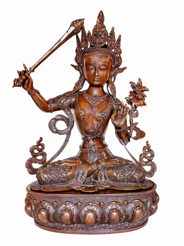 Statue en cuivre de Manjushri avec des sculptures de dragon