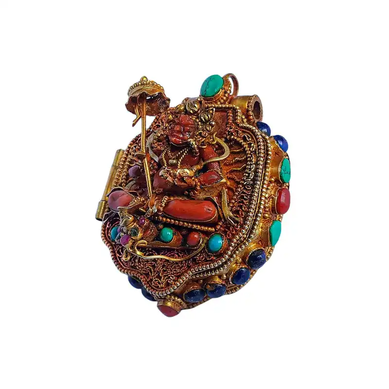 Boîte Ghau tibétaine en argent avec dorure en or