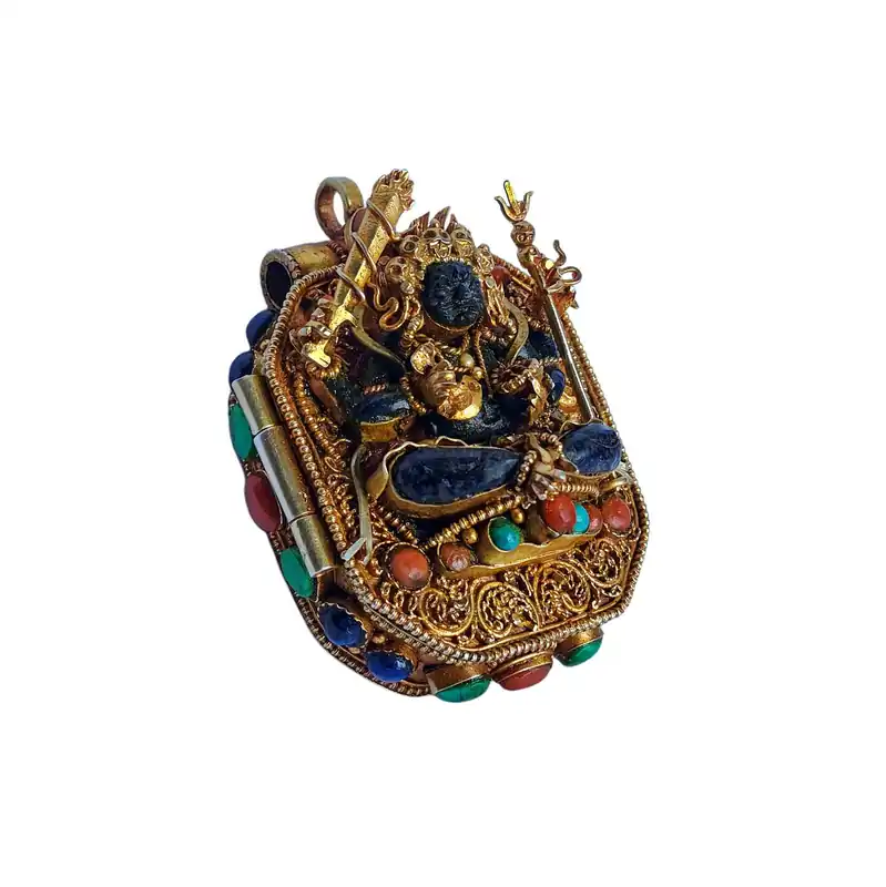 Boîte Ghau tibétaine en argent avec plaquage en or de Manjushri