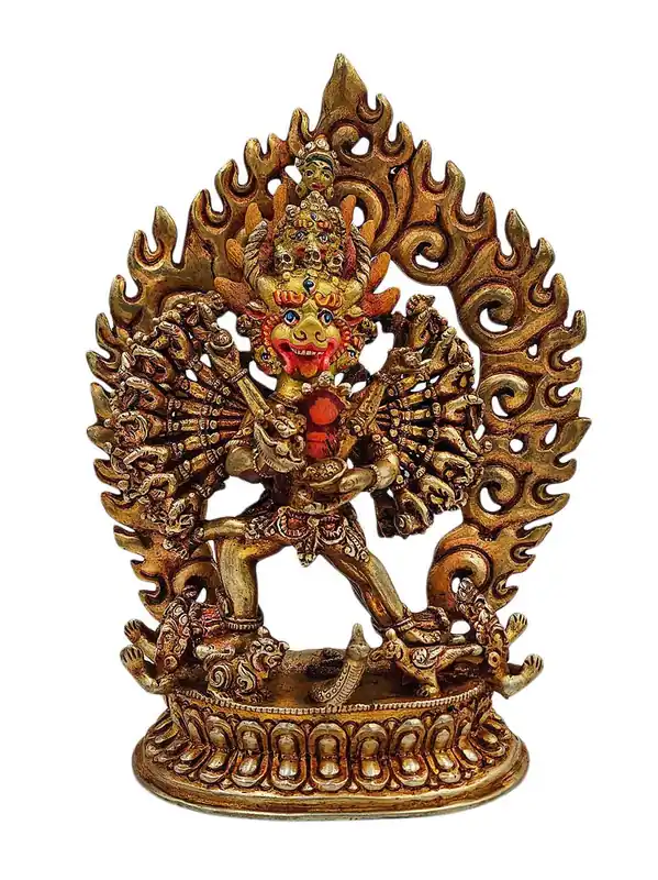 Statue en cuivre de Yamantaka Shakti avec visage plaqué or – Protecteur féroce de la sagesse