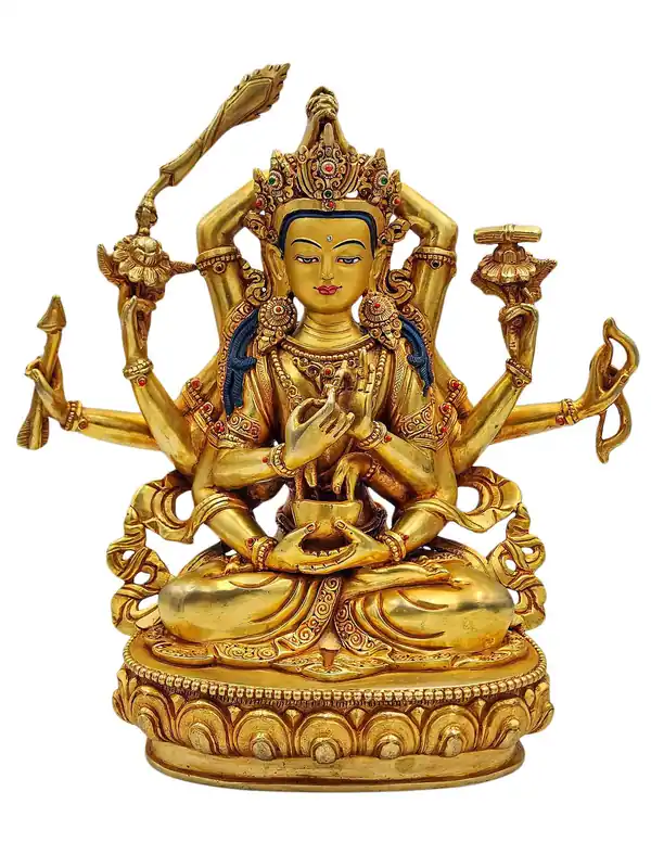 Statue en métal doré de Manjushri avec visage peint à la main – Chant de louange de haute qualité