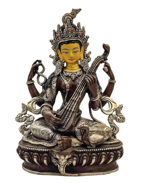 Statue de Saraswati – Cuivre avec Finition Oxydée