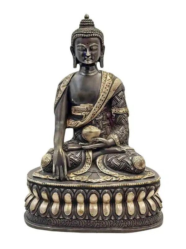 Statue en cuivre de Shakyamuni Bouddha – Finition argentée et chocolat