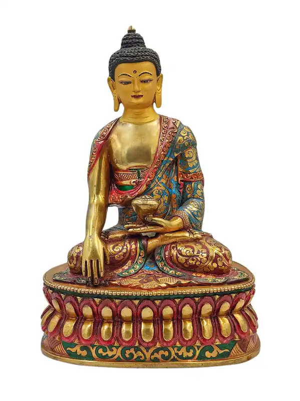 Statue en cuivre de Shakyamuni Bouddha avec un visage plaqué or et des détails intricats