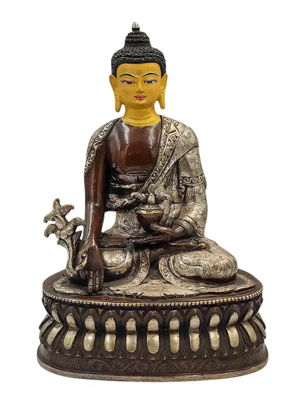Statue du Bouddha Médecine Guérisseur – Cuivre avec Finition Oxydée en Argent et Chocolat