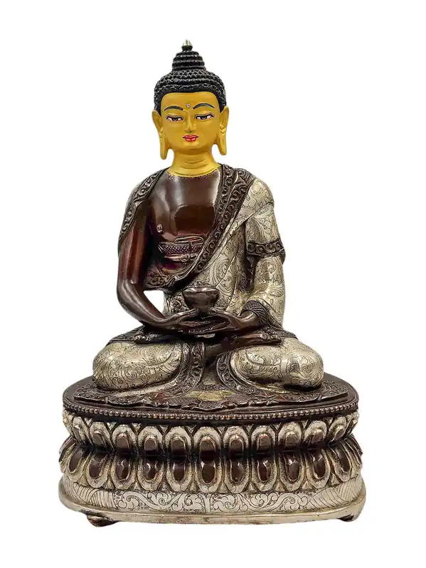 Statue du Bouddha Amitabha – Cuivre avec finition oxydée en argent et chocolat, 21 cm