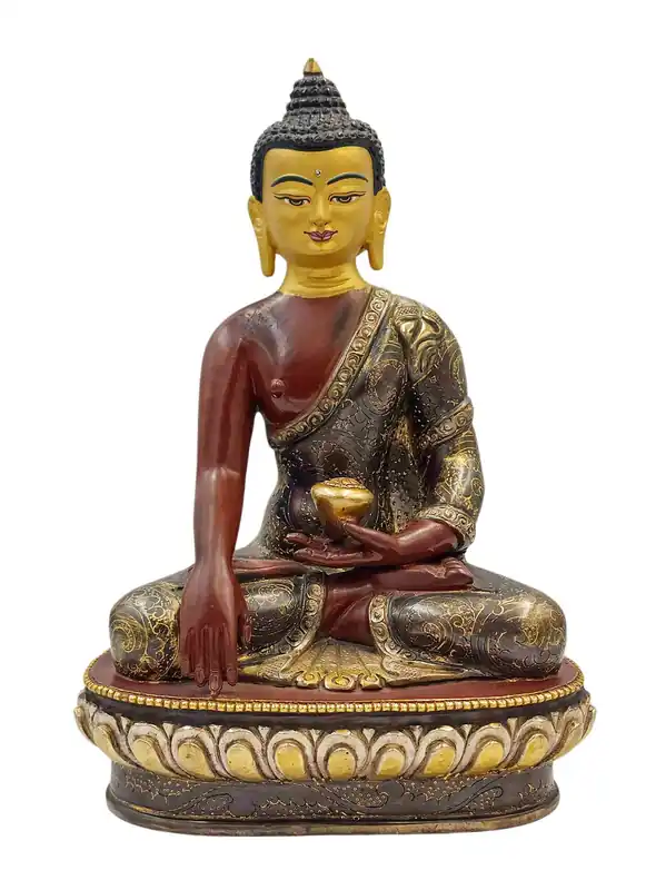 Statue en cuivre de Shakyamuni Bouddha avec finition oxydée chocolat et visage plaqué or