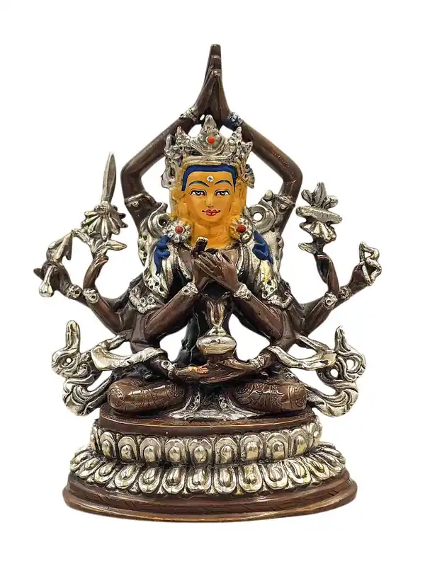 Statue en cuivre de Manjushri avec finition argentée