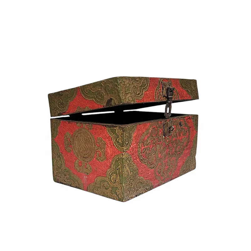 Boîte tibétaine avec motif de double dorje dans des couleurs classiques et finition rustique