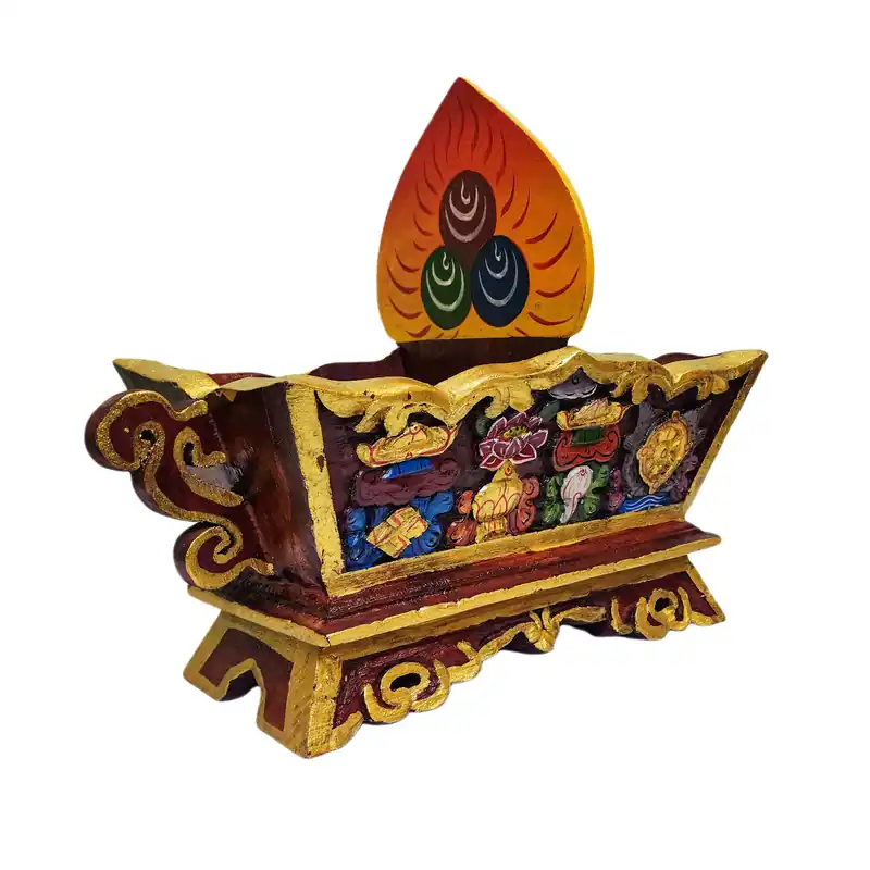 Coffre tibétain en design Chemar orné de symboles Ashtamangala et de couleurs authentiques