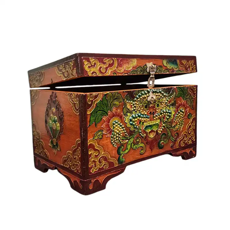 Coffre tibétain avec design Cheppu en couleurs classiques