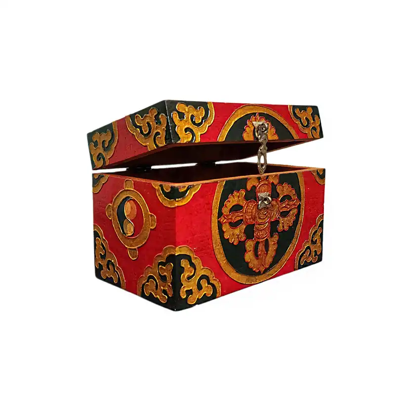 Boîte tibétaine avec un design de double dorje dans des couleurs classiques