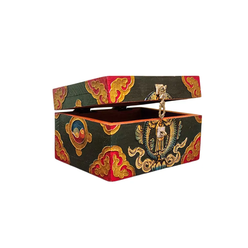 Coffre traditionnel tibétain avec motif de poissons jumeaux dans des couleurs authentiques