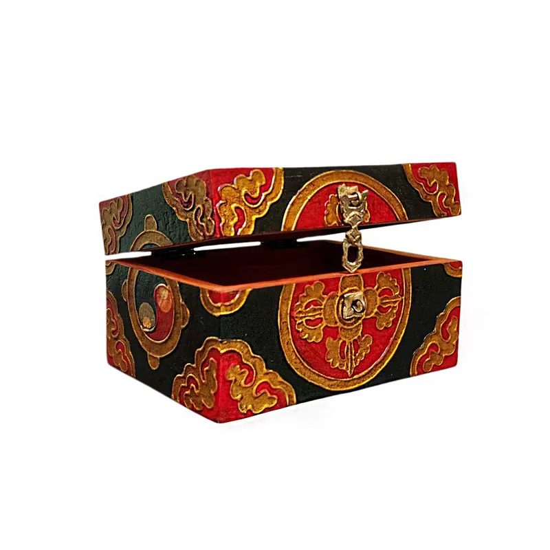 Boîte tibétaine présentant le motif de double dorje dans des couleurs classiques