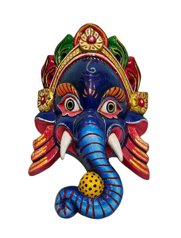 Masque en Bois de Ganesh Accroché au Mur en Bois de Peuplier