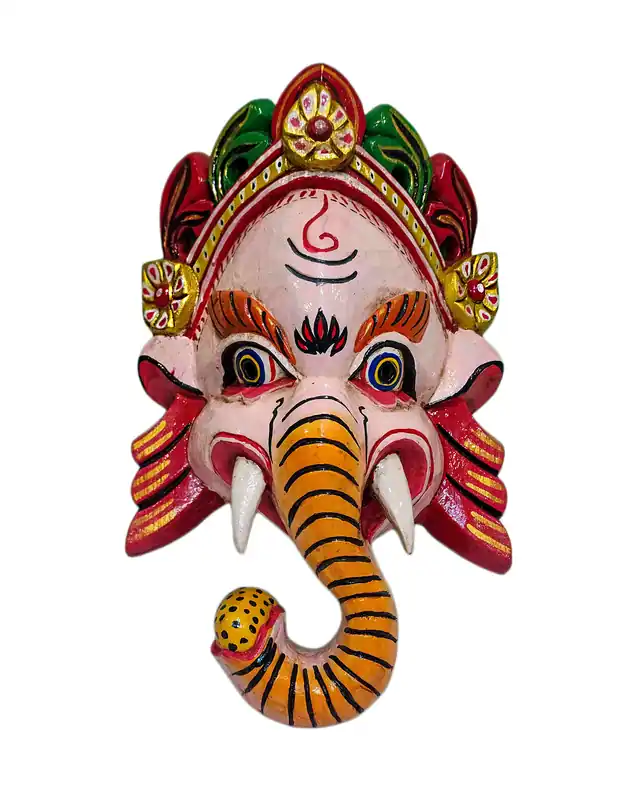 Masque en bois de Ganesh en bois de peuplier, suspension murale