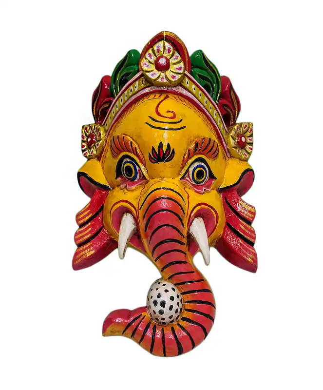 Masque en bois de Ganesh à suspendre en jaune