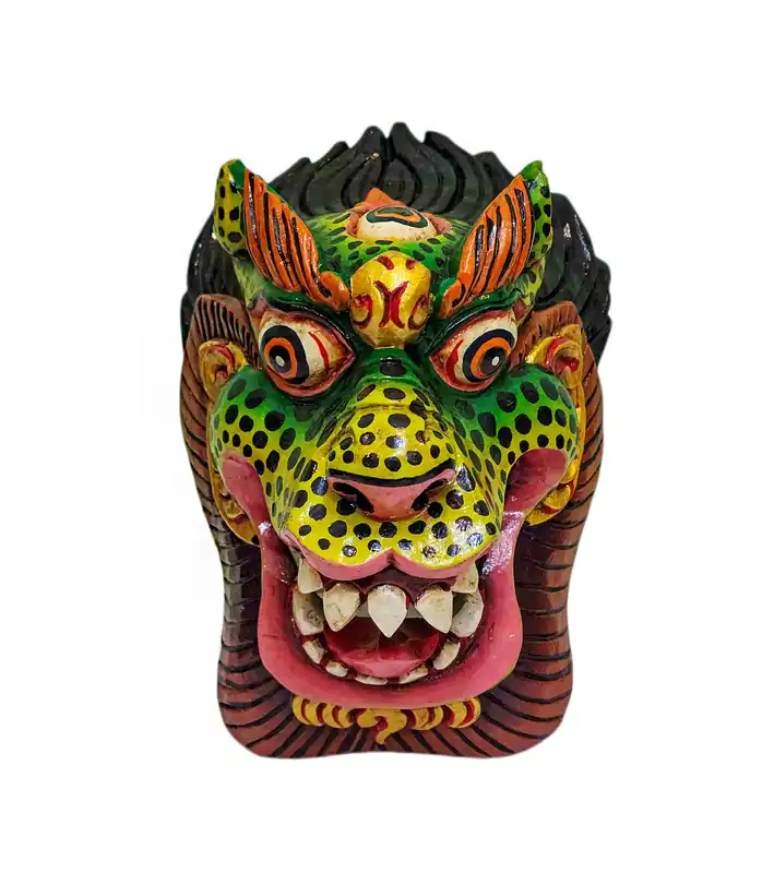 Masque en bois en forme de lion des neiges, suspension murale en vert