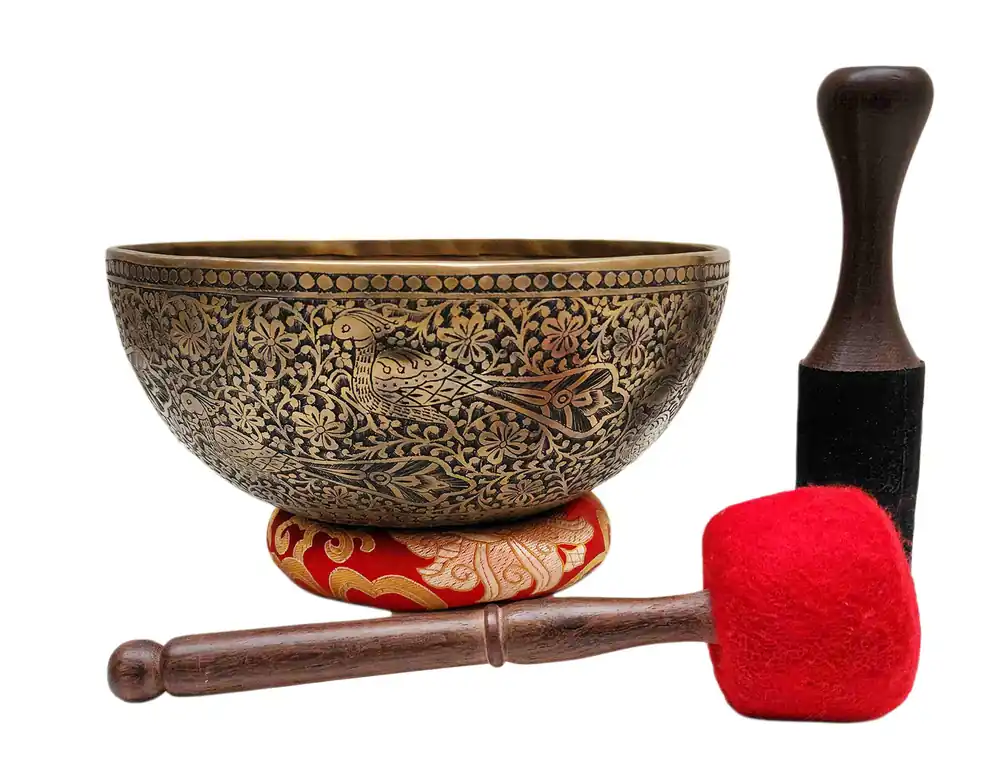Bol chantant Jambati avec motif de paon en bronze