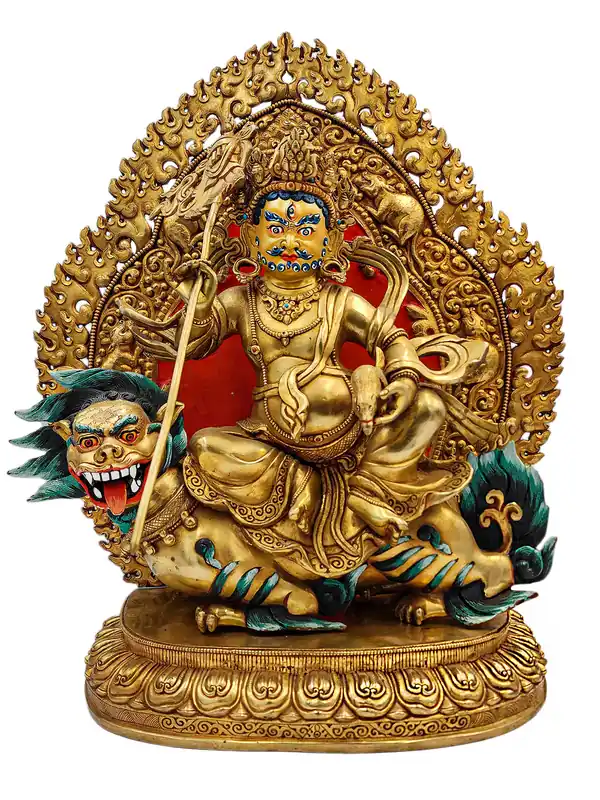 Statue de Jambhala : Chef-d’œuvre en cuivre avec un visage plaqué or – Dieu de la richesse et de la prospérité