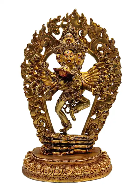 Statue en cuivre d’Hevajra avec visage entièrement plaqué or – Emblème de compassion et de protection
