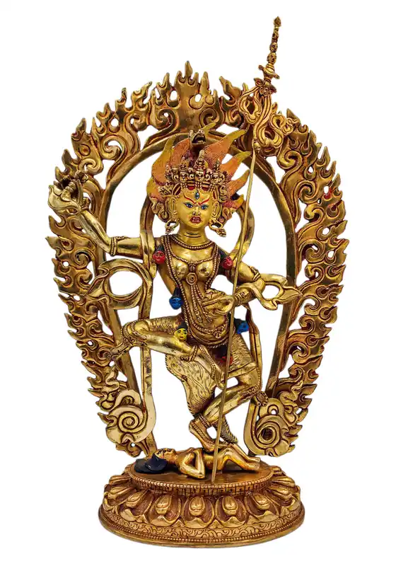 Statue en cuivre de Vajravarahi avec visage plaqué or – L’incarnation de la Dakini de la sagesse