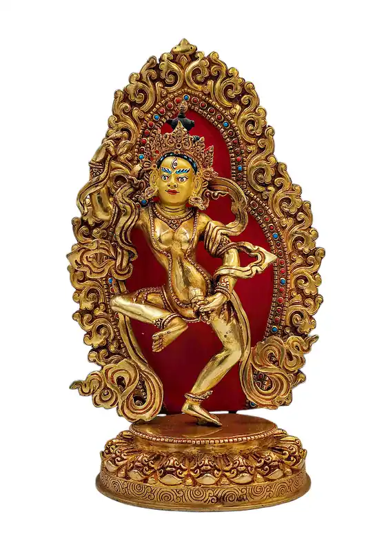 Statue en cuivre de Machig Labdrön avec un visage doré éclatant – Fondatrice de la pratique du Chöd
