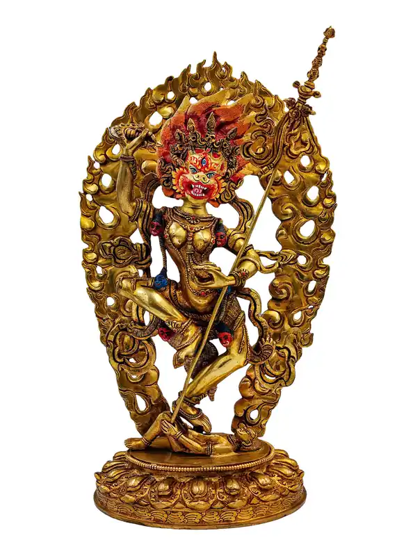 Statue en cuivre de la Yogini Simhamukha – Protectrice féroce avec un visage plaqué or