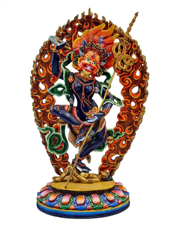 Statue en cuivre de Simhamukha Yogini – Visage doré, protectrice féroce et écarteuse d’obstacles