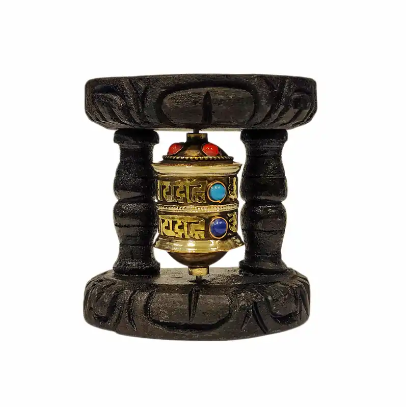 Roue à prières Vajrayana murale en bois et en laiton