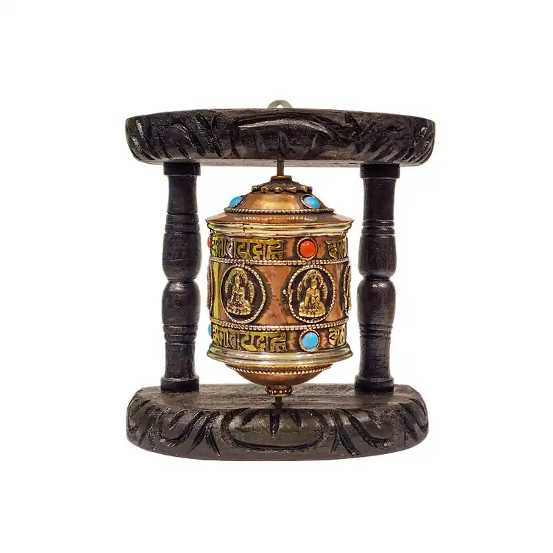 Roulette à prière en bois et laiton montée au mur