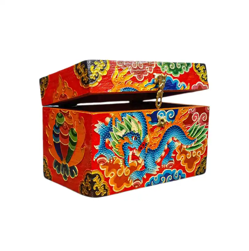 Boîte en bois tibétaine avec motif de dragon