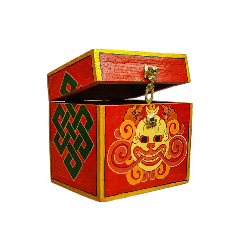 Boîte tibétaine ornée du design Citipati dans des couleurs traditionnelles