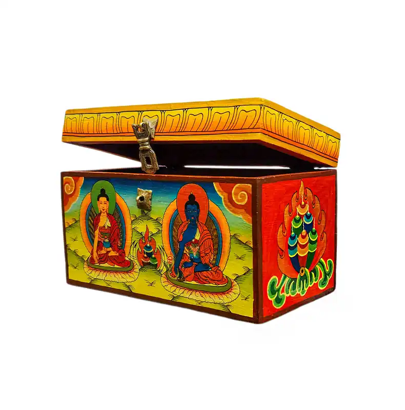 Coffre tibétain décoré de Shakyamuni et du Bouddha de la Médecine dans des couleurs classiques