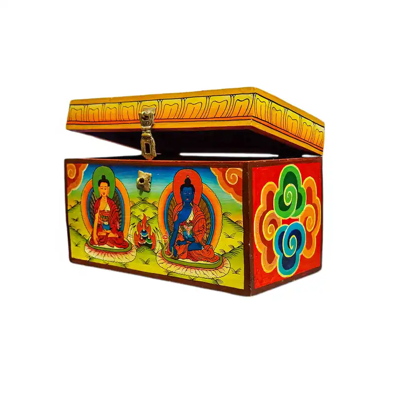 Boîte tibétaine ornée de Shakyamuni et du Bouddha de la Médecine dans des couleurs classiques