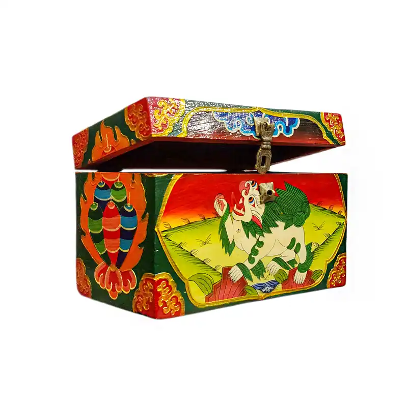 Coffre au trésor tibétain en bois avec motif de lion des neiges dans des couleurs traditionnelles