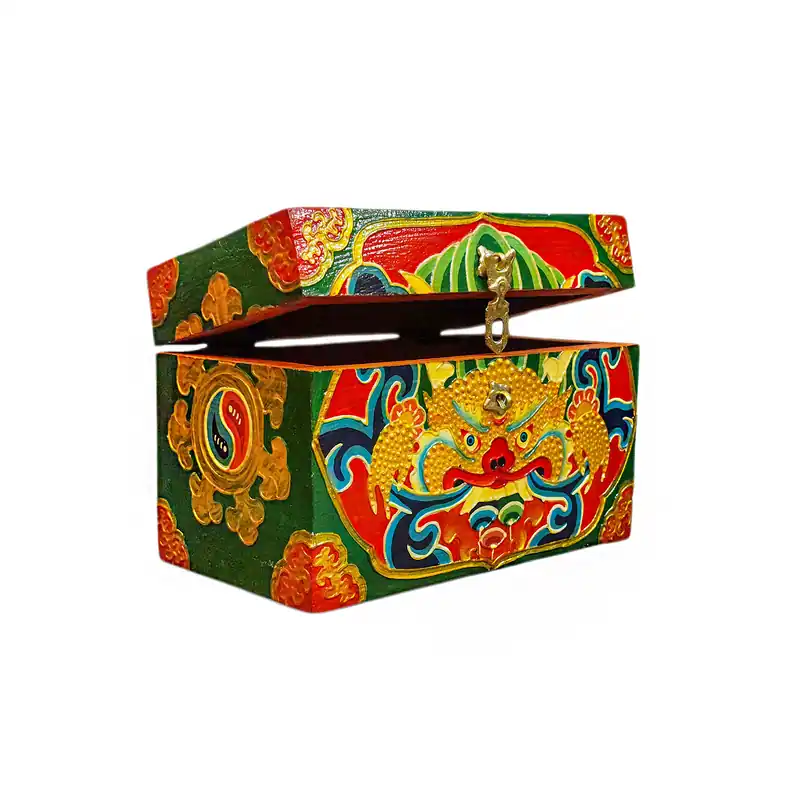 Coffre en bois coloré traditionnel avec design Cheppu du Tibet