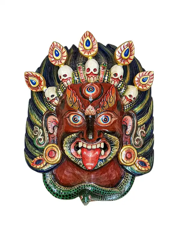 Masque d’Akash Bhairav en bois de peuplier